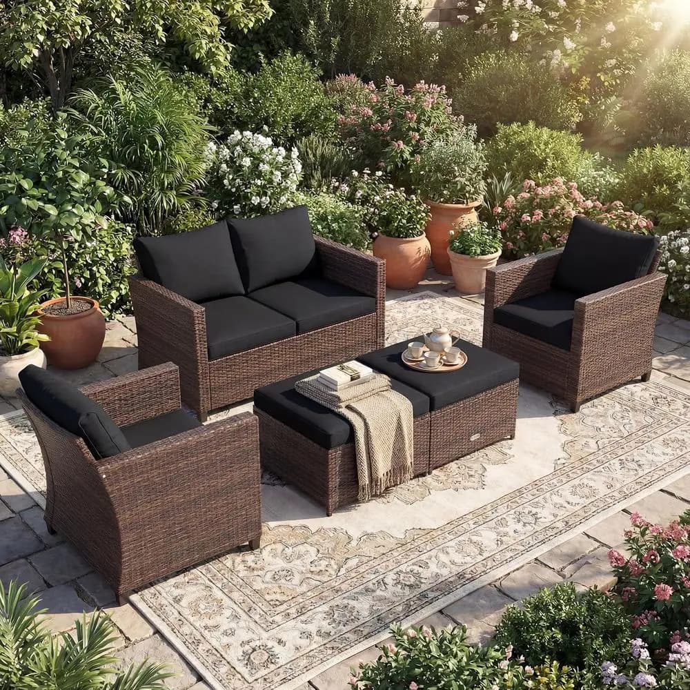 Set divano componibile da esterno in rattan da 5 pezzi con divanetto, 2 sedie, 2 pouf e cuscini, ideale per patio, giardino, bordo piscina