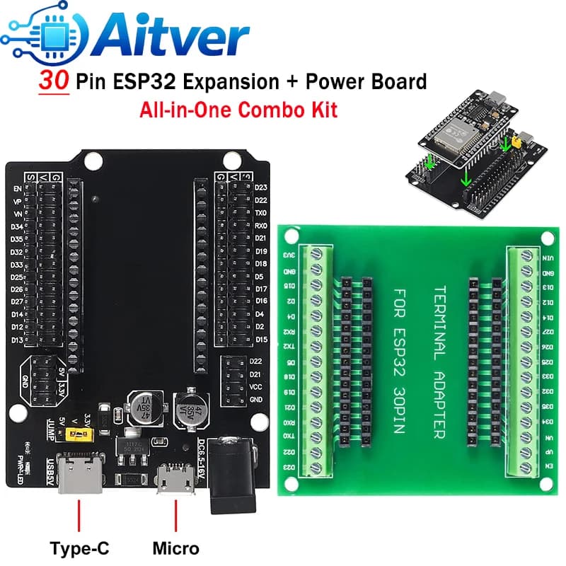 Kit Combo Scheda di Espansione ESP32 30PIN + Scheda di Alimentazione 3.3V 5V Modulo Breakout per Sviluppo Arduino ESP32