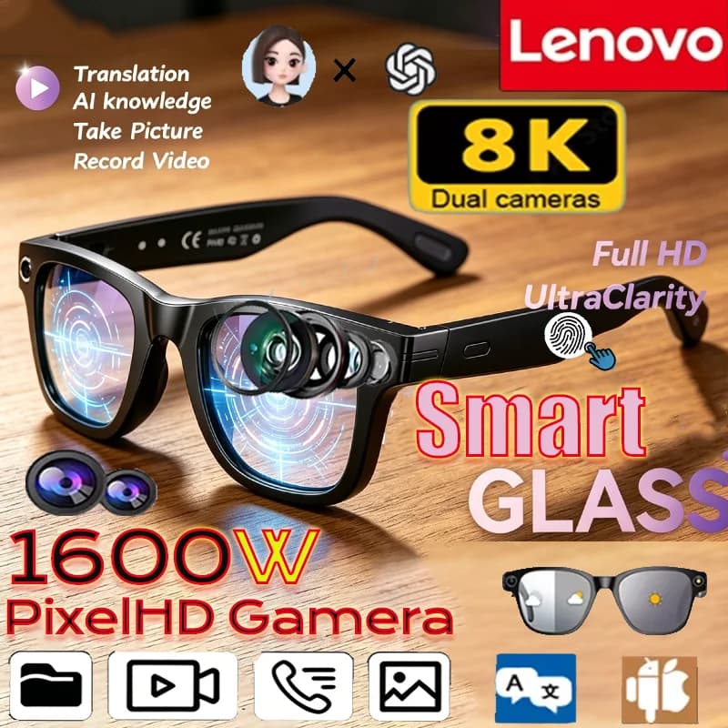 Lenovo AI 8K Camera Waterproof Glasses Smart Translation Glasses Color-Changing Video Recording Photo Call Smart Sunglasses NEW