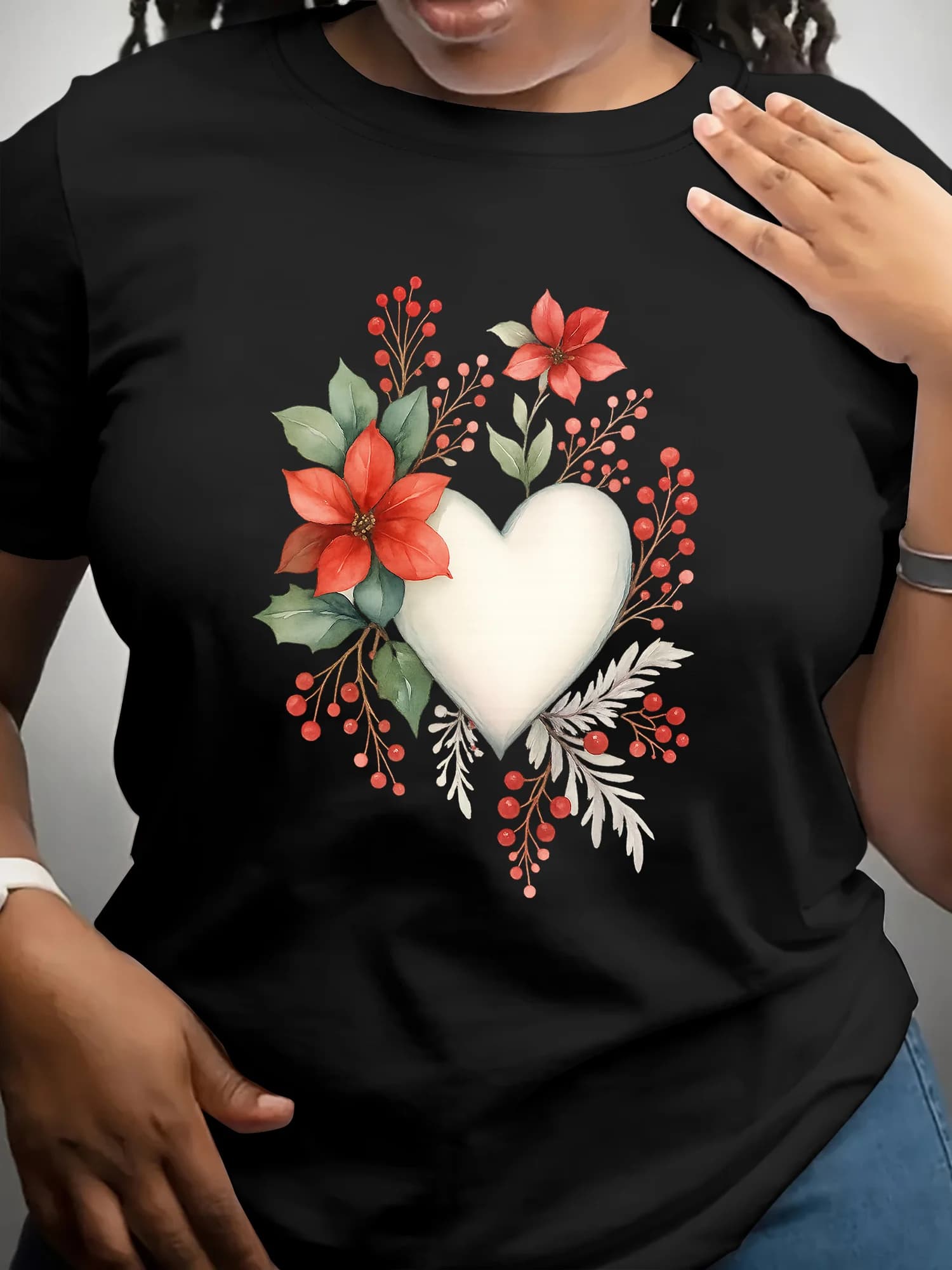 Women's Breathable Flower Heart Print Sleeve Casual Round Neck Blouse Suitable for Daily Wear Harajuku Sleeve Aesthetic Clothes