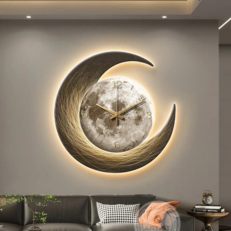 Soggiorno decorazione atmosfera led pittura luminosa luna orologio ristorante appeso dipinto divano sfondo murale