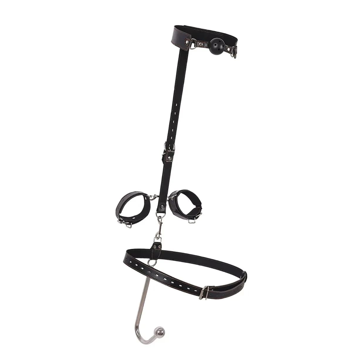 Leather BDSM Anal Hook Set with Metal Hook Restraint Belt Mouth Plug Handcuffs Adult Sex Toys for Position Assistance