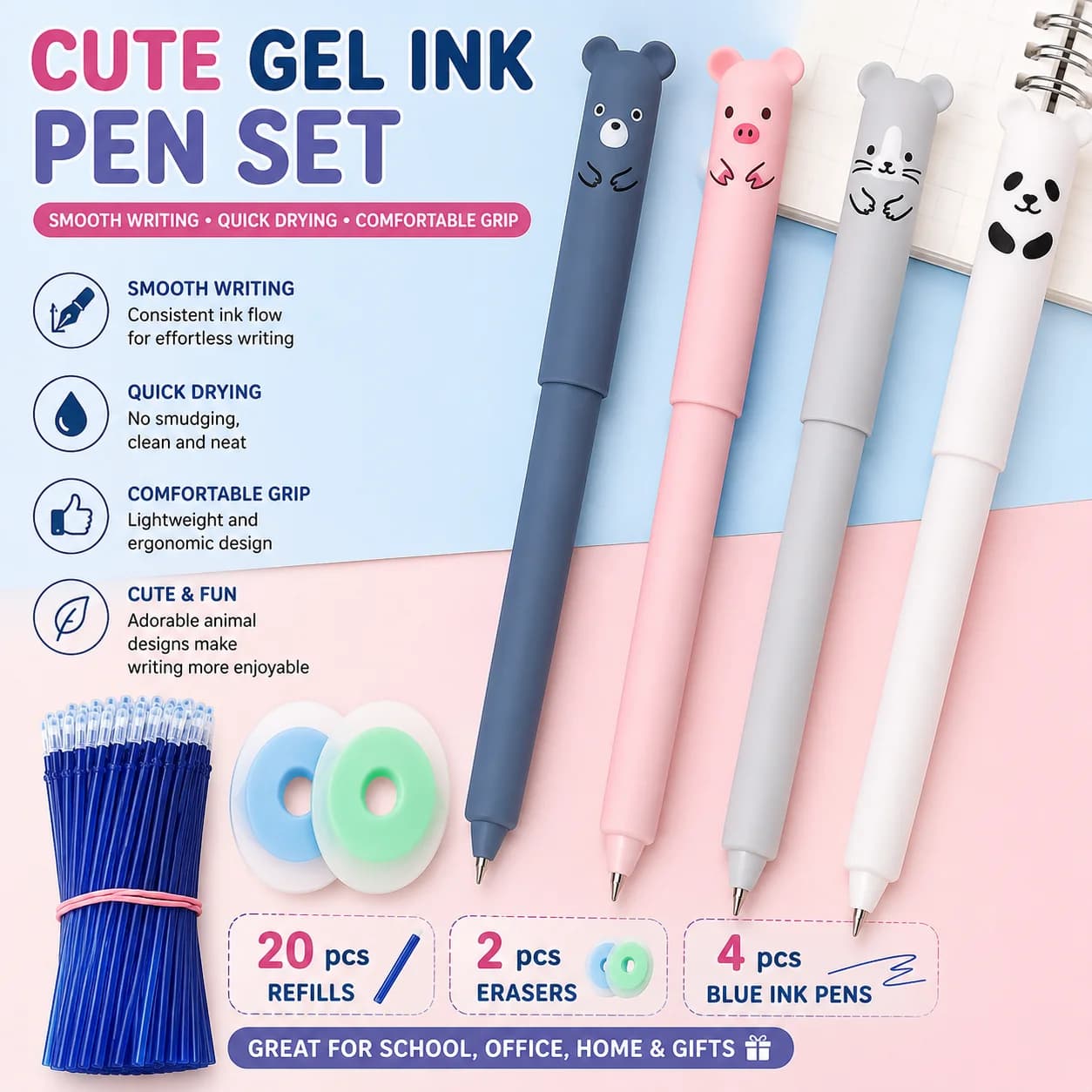 1 Set Cute Cartoon Bear Erasable Pen Kit, 0.5mm Full Needle Tip Easy‑Wipe Neutral Pen Student Stationery