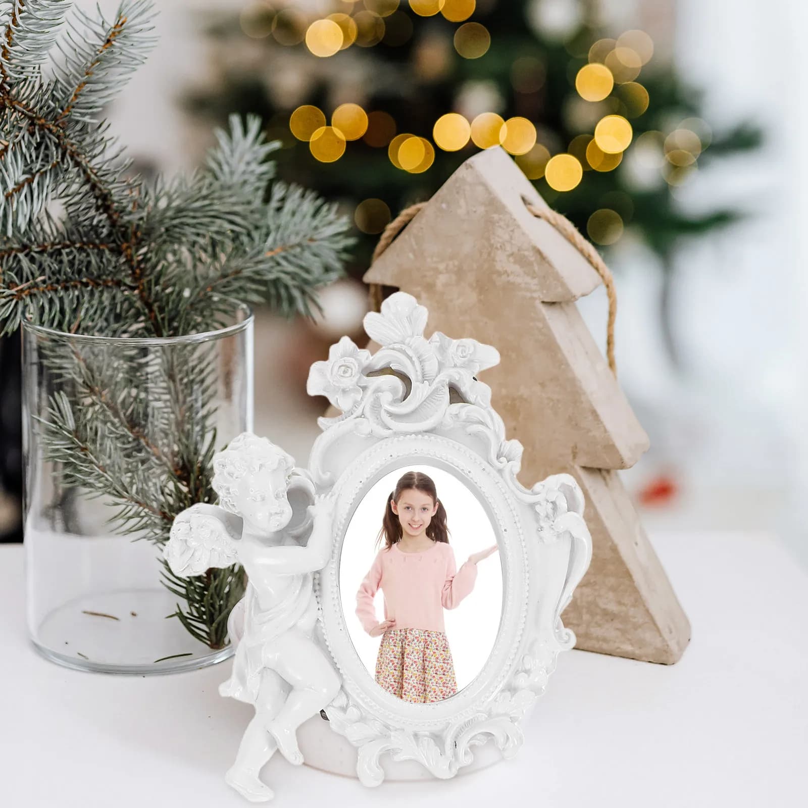 Cornice Fotografica Decorativa in Resina a Forma di Angelo, Grazioso Espositore da Tavolo per Foto, Statua d'Angelo per Casa, Ufficio, Caffetteria