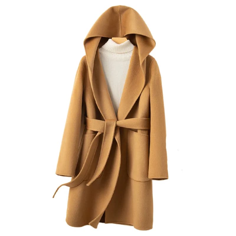 Women Double-sided Middle Long Length Woolen Hoodie Coat With Belt Lace Up Hooded Slimming Wool Jacket Autumn Winter Outerwear