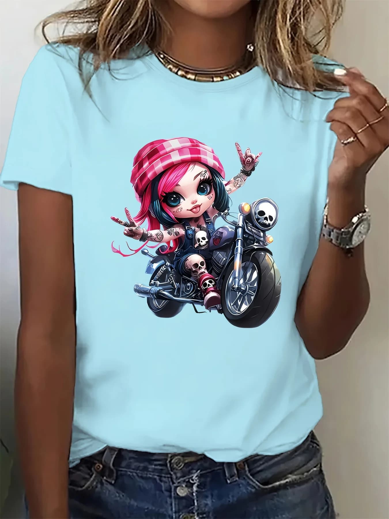 Cool Motorcycle Girl! Printed with Cartoon Image Pattern Women's Round Neck Casual Sports All Season Comfortable T-shirt