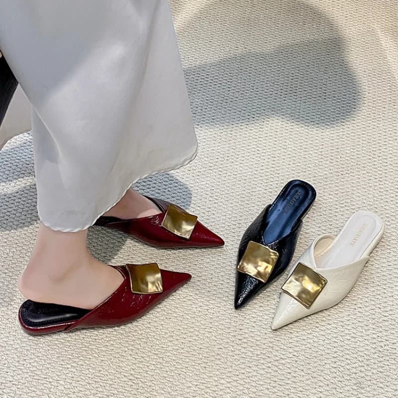 Metal women's mules with decorations, sleek brief-on slippers for spring summer, party shoes with back strap