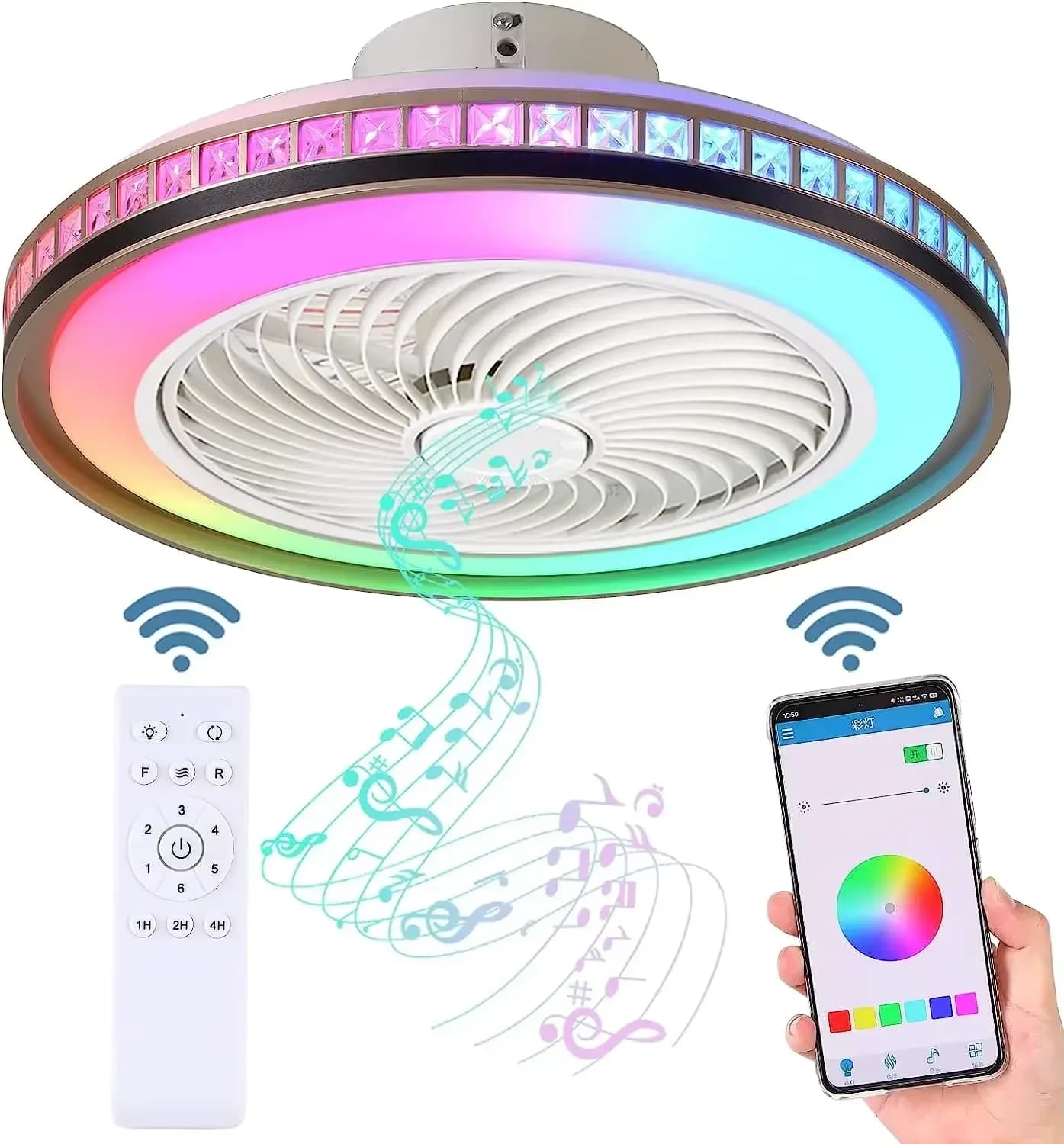 Lampadario da soffitto da 50 cm con luce a led telecomando altoparlante Bluetooth ventilatore ventilatore guida eolica a 6 velocità per l'illuminazione domestica