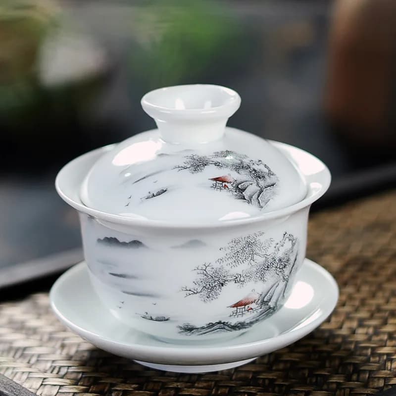 Handmade Jingdezhen High White Porcelain Blue White Sancai Gaiwan Tea Bowl Kung Fu Tea Set Home Office Gift