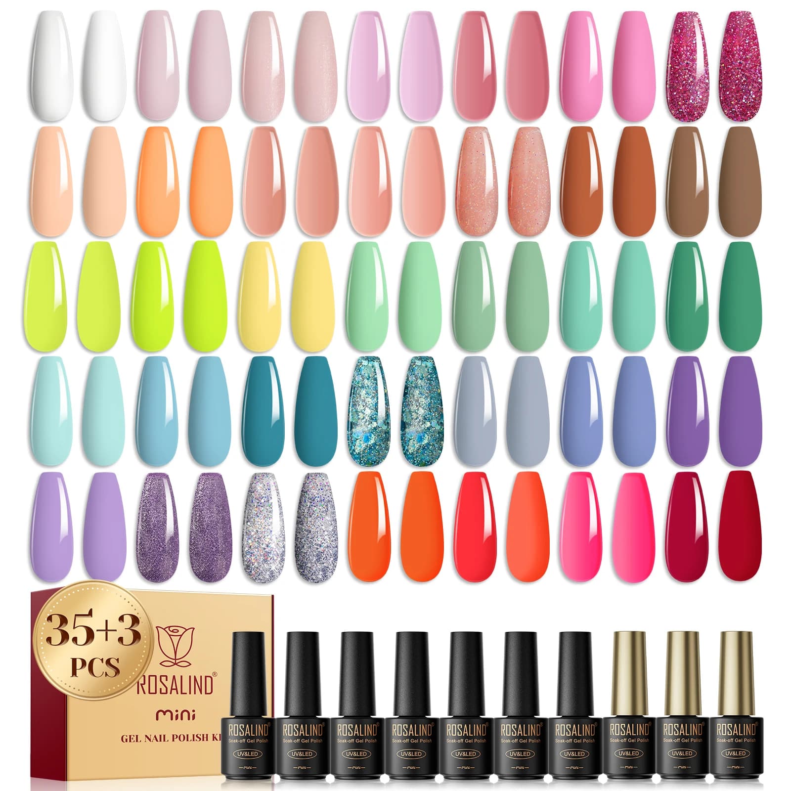 ROSALIND 38 Pieces Nail Polish Paints Gel Nail Polish Set UV/Led Care Base Top Coat Hybrid Semi Permanent Nail Kit Gift Pack