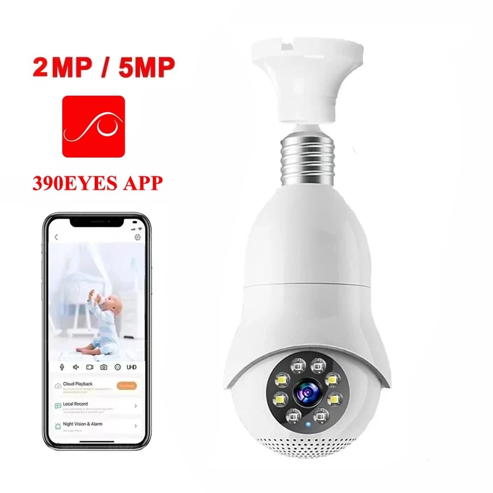 Telecamera Lampadina HONTUSEC 390EYES APP 5MP Wifi PTZ con Visione Notturna a Colori, Audio Bidirezionale, Tracciamento Automatico, Monitor per Bambini