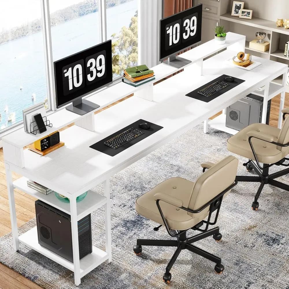 Desk for Two Persons with Monitor Support, Double Desk for Computers 200 cm long with Storage shelves, Large Gaming Desk for Studio and Writing