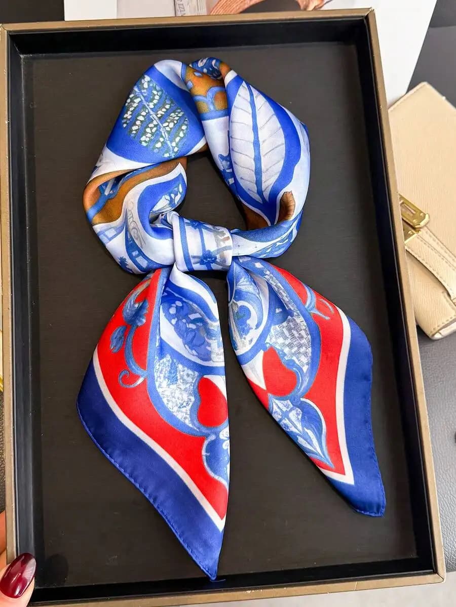 1pc Women's Elegant Retro Printed Lightweight Satin Square Faux Silk Scarf, Bohemian Style Casual Neck Scarf, Shawl, Thin & Comf