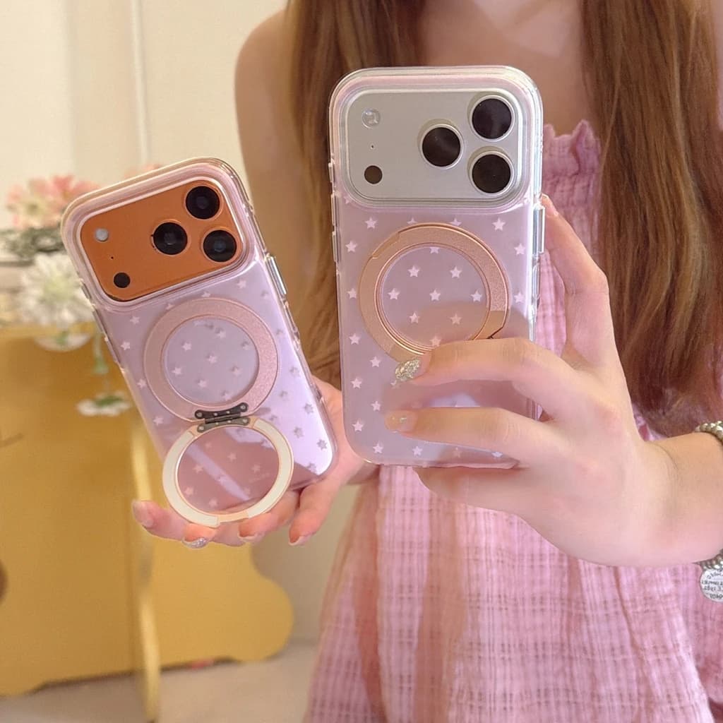 Custodia per iPhone 17 16 15 Pro Max con supporto girevole a 360°, semi-trasparente opaca, con stelle rosa chiaro a schermo intero, squisita