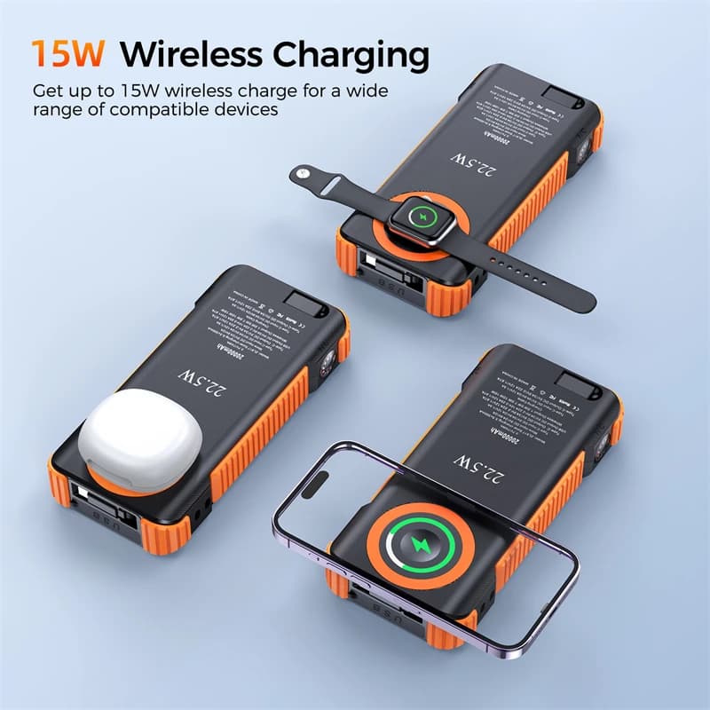 20000mAh Magnetic Solar Power Bank 22.5W Fast Charging Wireless Portable Charger for iPhone iWatch Airpods Powerbank with Cable