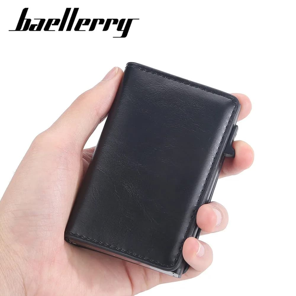 Porta carte da uomo premium Baellerry in metallo con espulsione one-touch, portafoglio antifurto con protezione RFID sottile