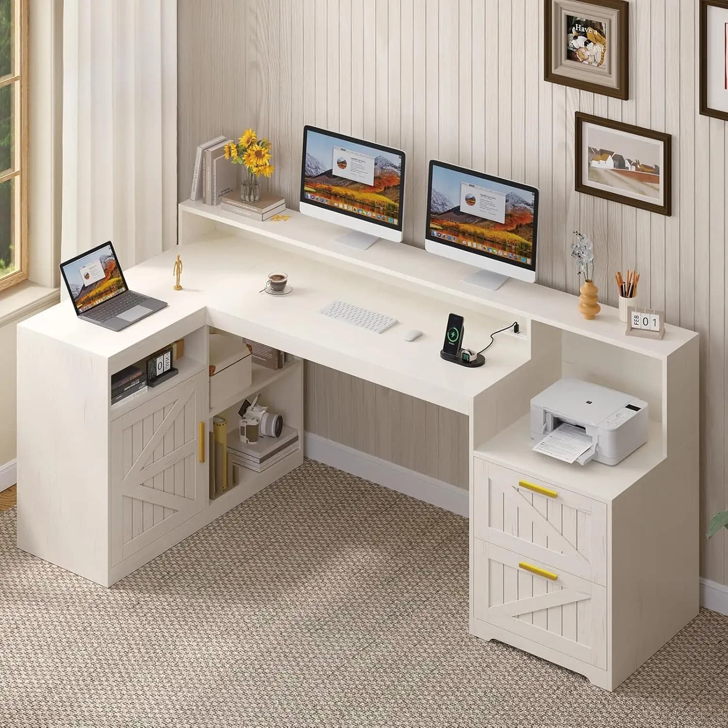L desk with Drawers, Storage shelves, Current socket, Monitor support, Printer shelf, 62.2 Inches, for Home Office, White, Customizable