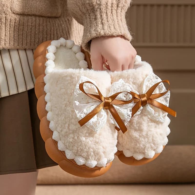 Winter Warm Fur Slippers For Women Thick-Soled Household Slippers Cute Bow Non Slip Soft Home Shoes Indoor Plush Women's Slipper