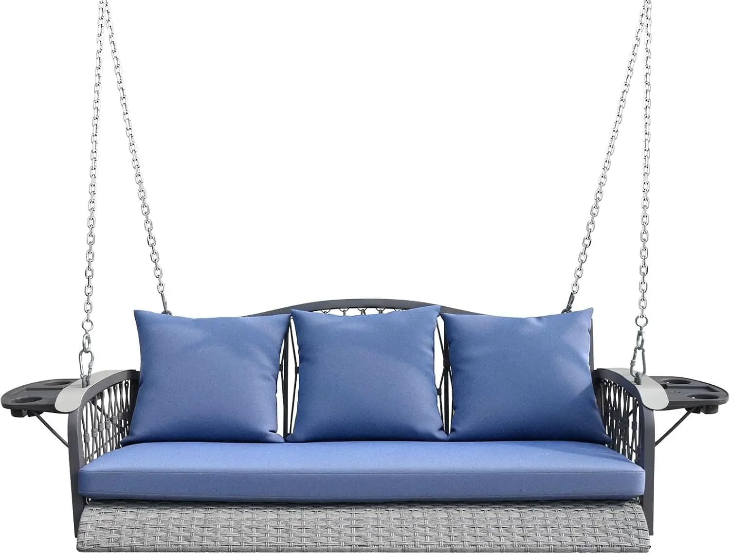 Three Seat Wicker Porch Swing Chair, Outdoor Patio Hanging Bench With Cushions And Adjustable Steel Chains, Weather Resistant Garden Swing Frame Enhancer With Upgraded Cup Holders For Yard Deck，Grey