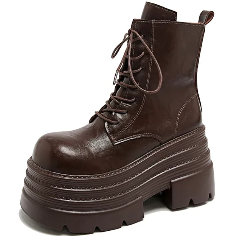 Stivali alti da donna con plateau Scarpe punk in pelle gotica Stivali da combattimento corti alla caviglia femminili Stivali da moto robusti con zeppa da 10,5 cm