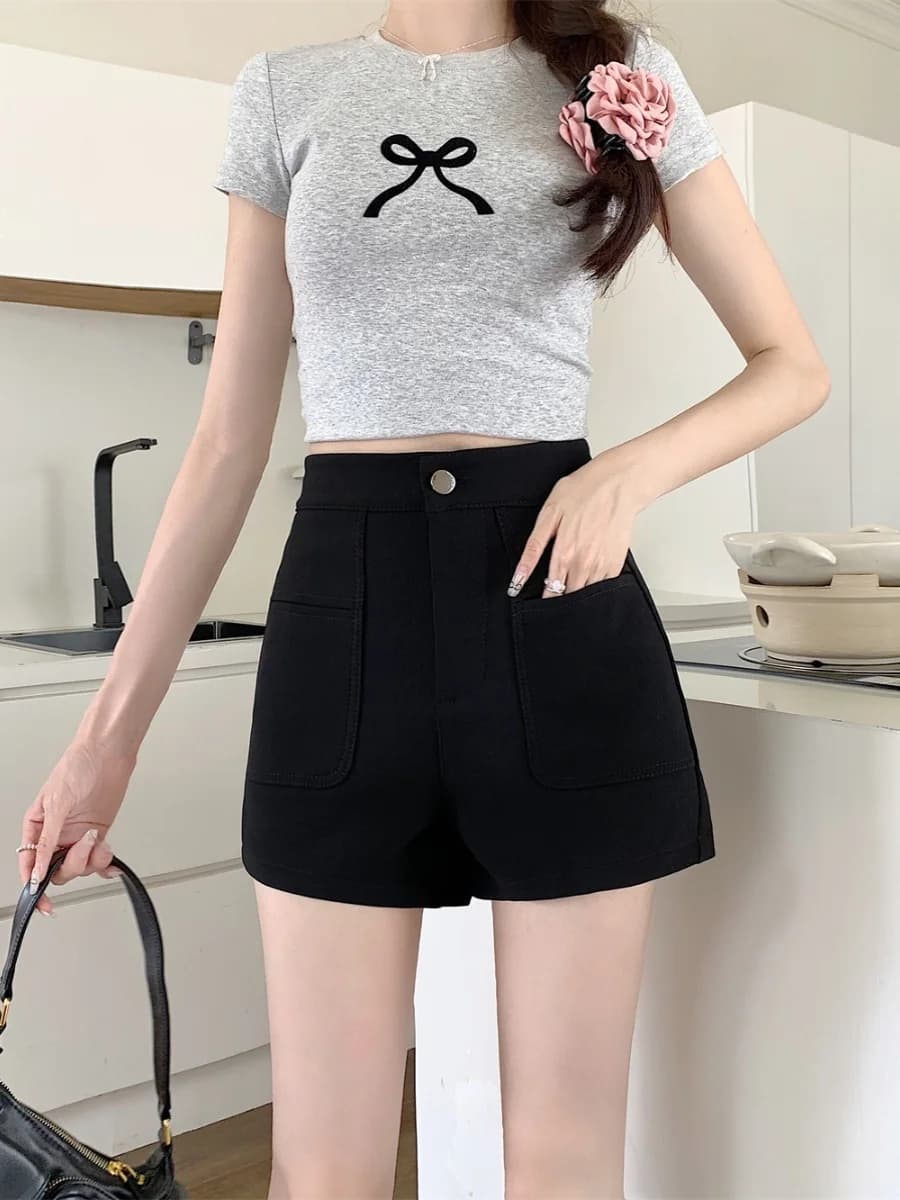 Black Summer Thin Suit Shorts Women's plus Size High Waist Slimming Elastic Outerwear Pockets A-Line Hot Pants Commute Style
