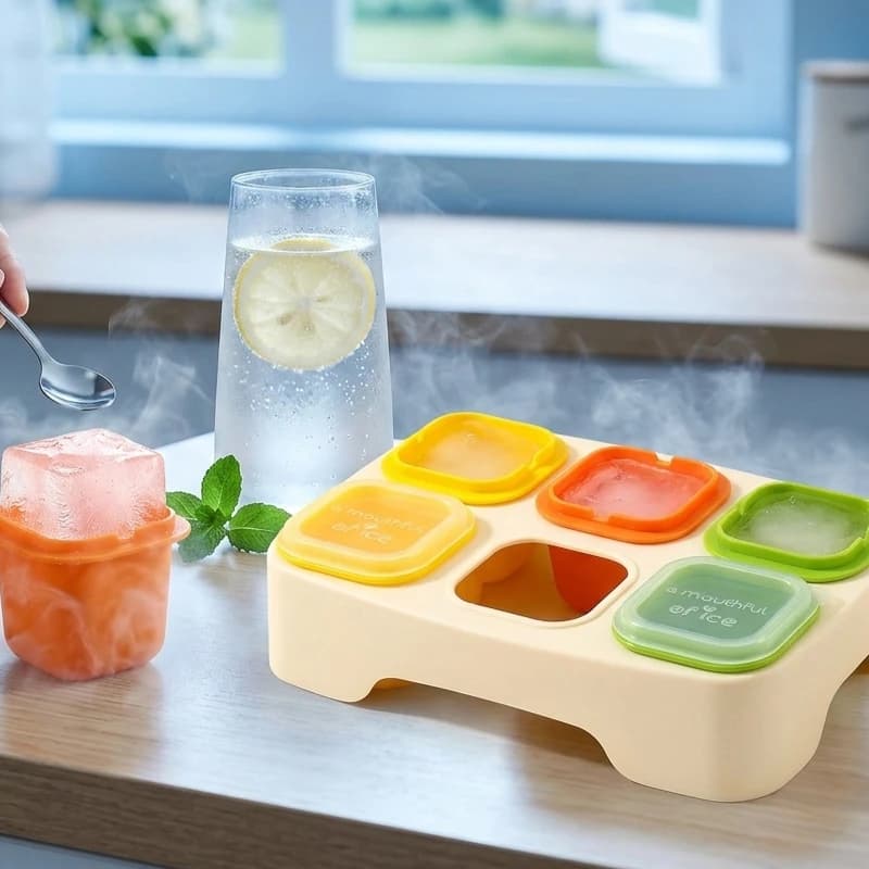 Stampo per cubetti di ghiaccio estivo con coperchio, 6 scomparti, vassoio in plastica riutilizzabile per casa, cucina, congelatore, conservazione bevande e congelamento rapido