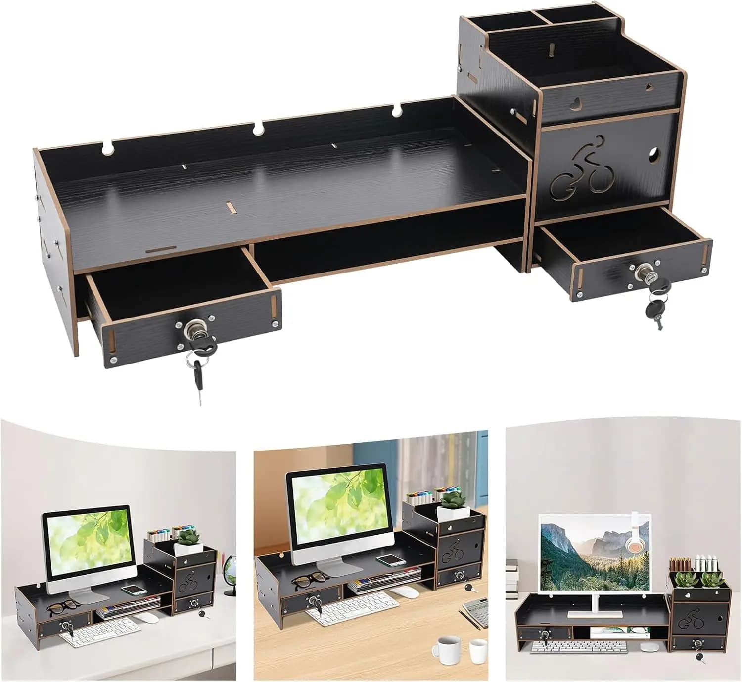 Supporto per Monitor in Legno con Cassetti e Serratura, Organizzatore per Scrivania, Accessori per Ufficio (Nero, 5,31'' H)