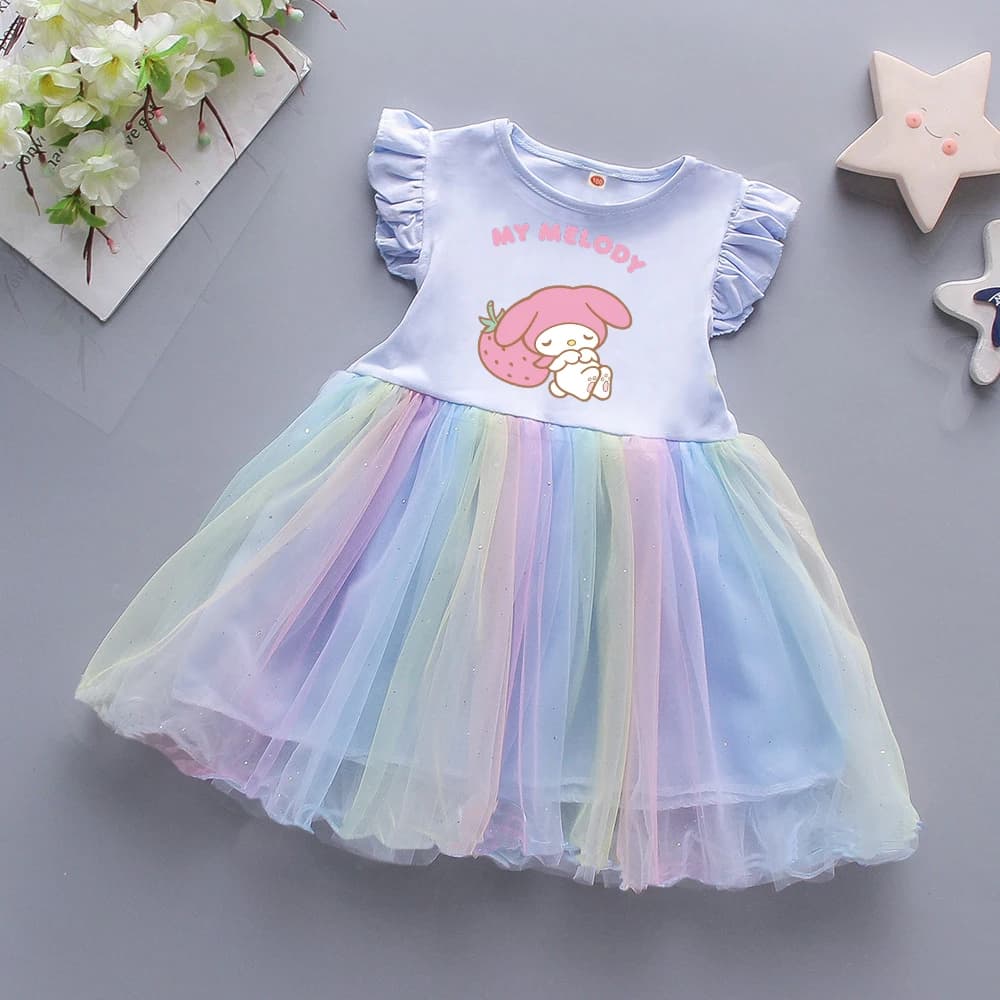 Summer skirt Melody Sweet Cute Princess with Print Cartoon Sanrio and Net inserts for Girls, Fashion Clothing