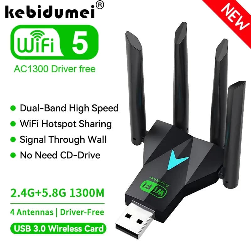 2.4G + 5Ghz 1300Mbps 4 Antenna WiFi Adattatore USB Dual Band Wi-Fi Dongle USB3.0 Ricevitore di schede wireless ad alta velocità per PC/laptop Win