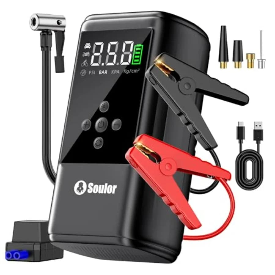 Avviatore di Emergenza Portatile con Compressore d'Aria 6000A 160 PSI, Gonfiatore Pneumatici, Display LED per Motori Diesel 10L e Tutti i Tipi di Auto, Cavi di Avviamento