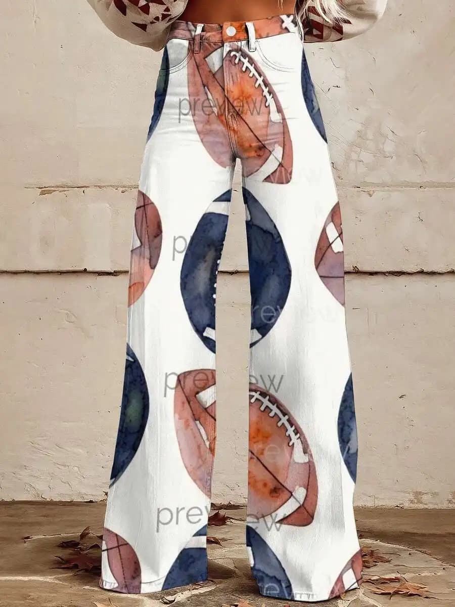 Jeans a gamba larga con stampa calcio acquerello per donna, lavabili in lavatrice, taglie forti