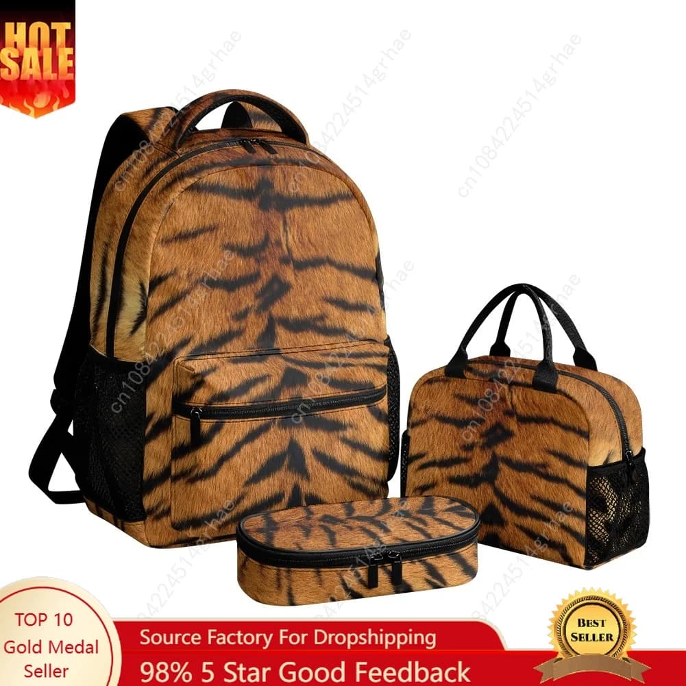 Tiger Printed Custom Leisure All-Over Print 3-Piece Backpack Set (Includes Backpack, Lunch Bag, and Pencil Case)