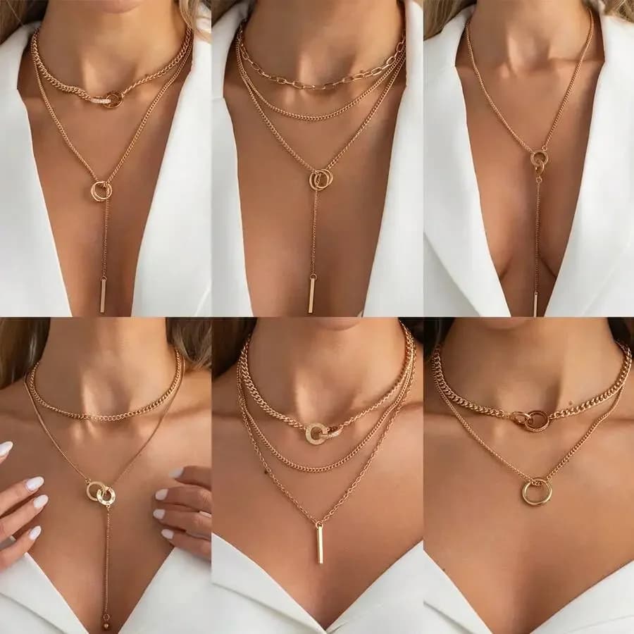Alloy Layered Necklace With Double Ring Clasp And Pendant, Versatile Fashion Chain For Women