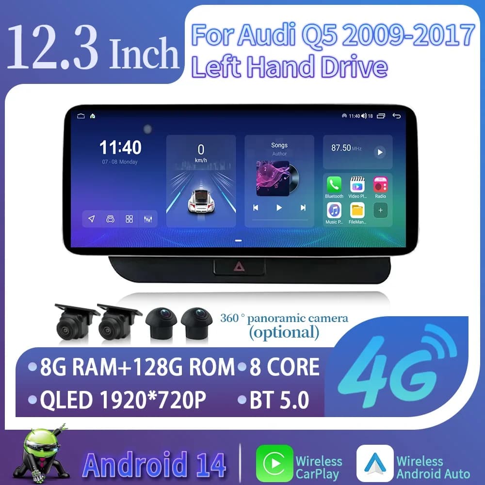 12.3 "Radio per auto Android 14 per Audi Q5 2009-2017 Guida a sinistra Multimedia Wireless Carplay Auto Stereo Autoradio Touch Screen