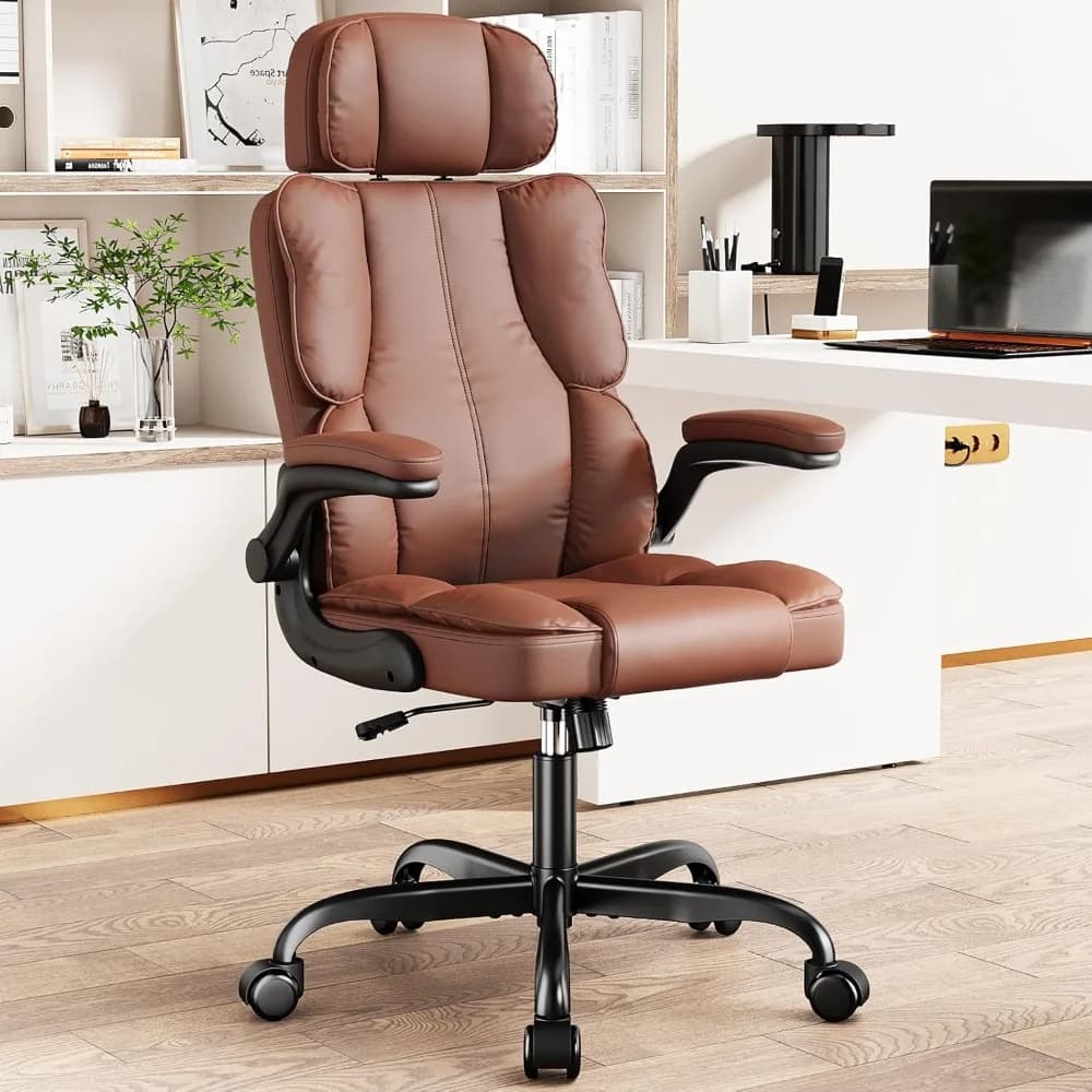 Sedia da ufficio direzionale in pelle, sedia da computer con cuscino spesso e supporto lombare con poggiatesta e braccioli regolabili, marrone