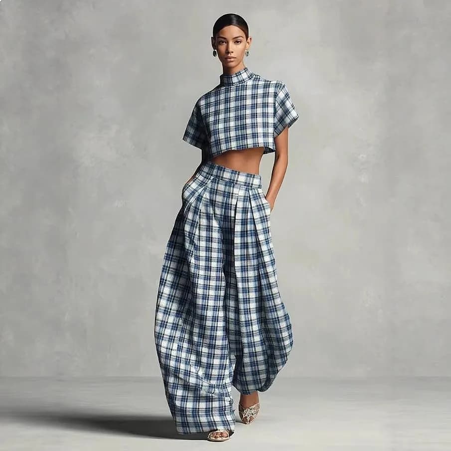 Elegant Plaid T Shirt and Pants Matching Set Fashionable Two Piece Outfit Tee Top Jumpsuit Playsuit