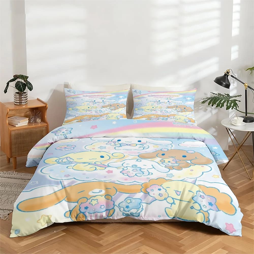 3-Piece High-Definition Digital Print Bedding Set Cinnamoroll Large Floral Pattern Duvet Cover Set, Includes 1 Duvet Cover + 2 Pillowcases, Suitable for Bedroom, Guest Room, Home Decoration, Polyester Fiber Duvet Cover + Pillowcase, Ultra-Soft Bedding, Thick Fabric, Suitable for All Seasons, Machine Washable, Cute Cinnamoroll Cartoon Pattern Digital Print Bedding Set