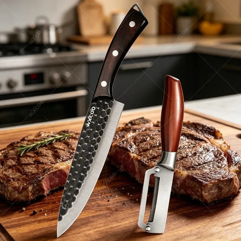 WXCOO Kitchen Knife Stainless Steel Chef Knife Peeler with Wood Handle KItchen Meat Cleaver Chef Knife Fruit Peeler Cooking Tool