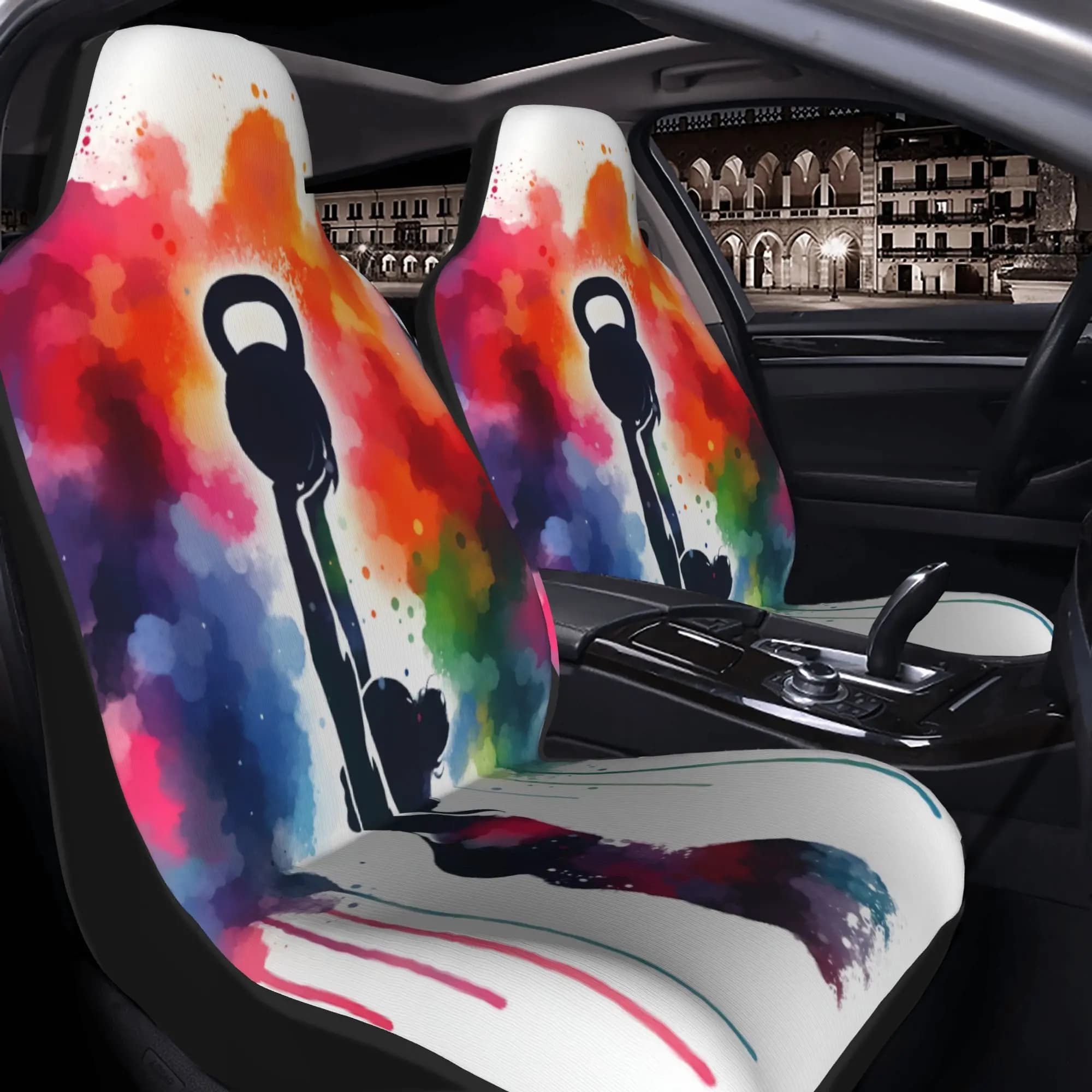 2pcs Vibrant Watercolor Silhouette Of A Woman Lifting A Kettlebell In Dynamic PoseCar Seat Covers, Suitable For All Vehicles, Ch