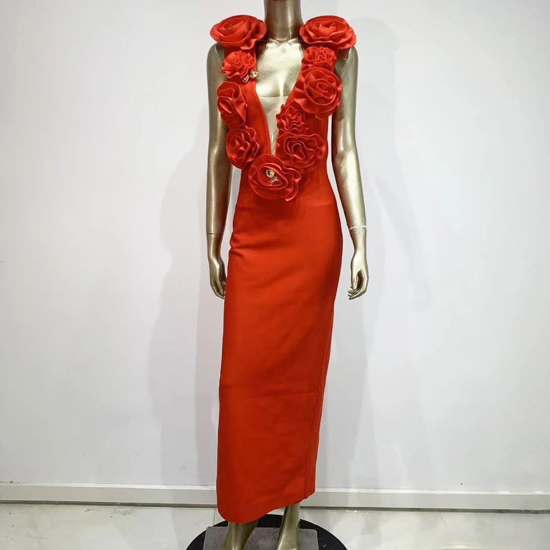 Abito Aderente Sexy con Fiori 3D Rossi, Maniche Lunghe, Elegante per Feste Serali e Compleanni