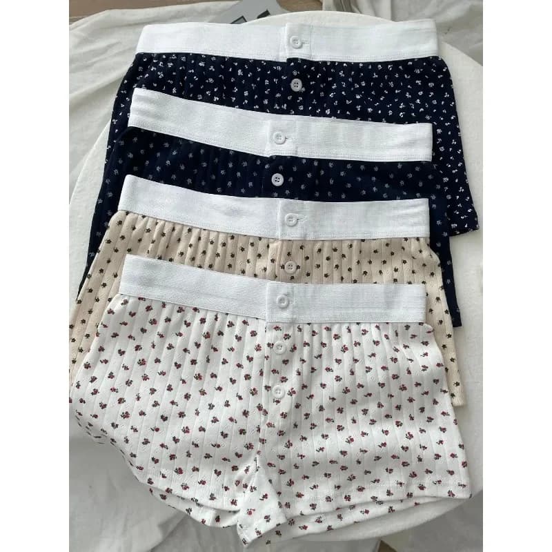 Boxer da donna in cotone floreale traforato, pantaloncini dritti estivi con tre bottoni e vita elastica KV