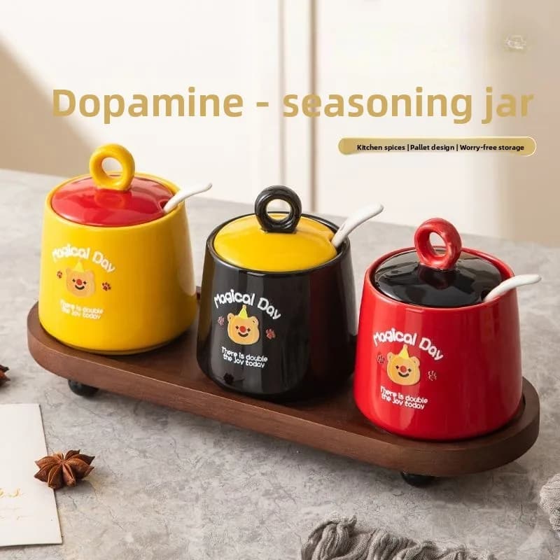 Set di barattoli per spezie in ceramica per dopamina - Organizer da cucina estetico con supporto in legno, contenitori minimalisti per sale, pepe, dispensa ​