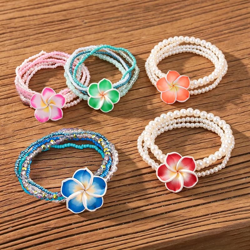 Boho Plumeria Flower Charm Pearl Seed Beads Bracelet for Women Stack Beaded Frangipani Bracelet Beach Vacation Jewelry Gift
