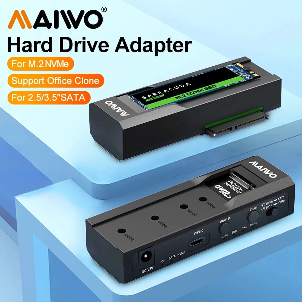 MAIWO 10 Gbps a dual bay HDD/NVMe M2 SSD HDD Clone Converter M.2 NVMe SSD Custodia da 2,5/3,5 pollici HDD Custodia di archiviazione esterna