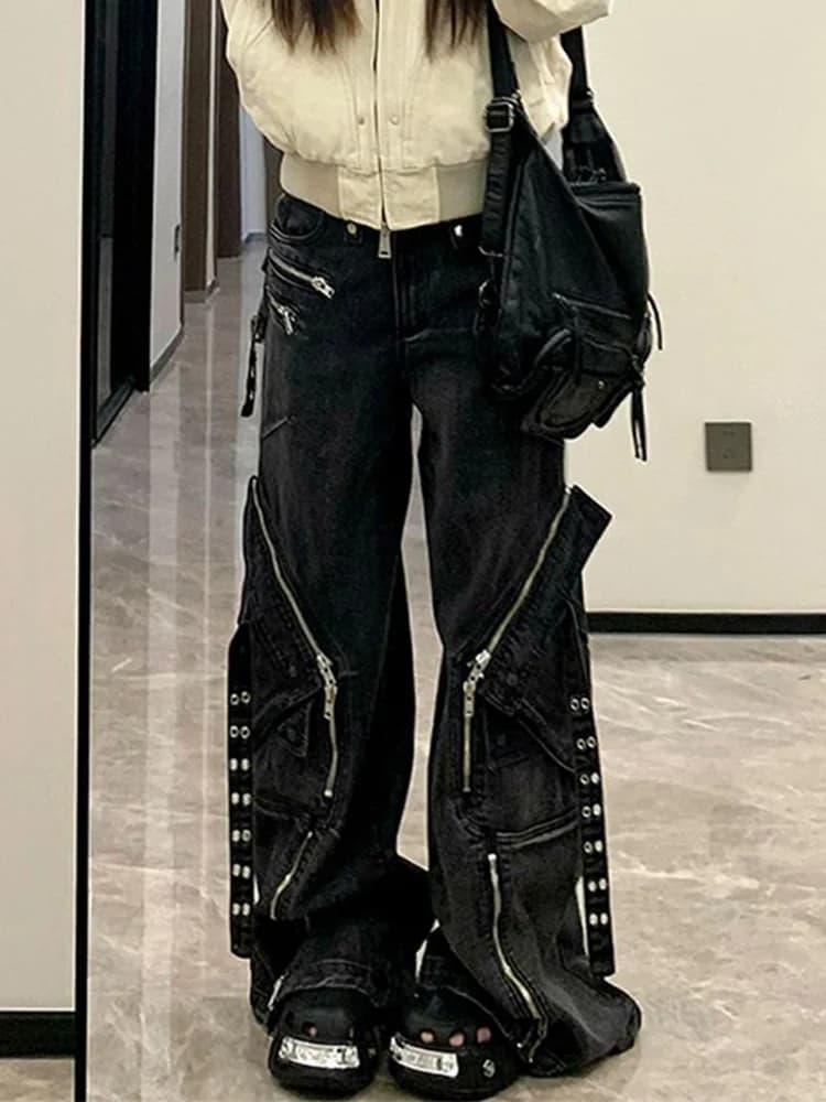 Jeans larghi cargo neri da donna linea Y2K American High Street Harajuku estetica design vintage pantaloni jeans a gamba larga abbigliamento
