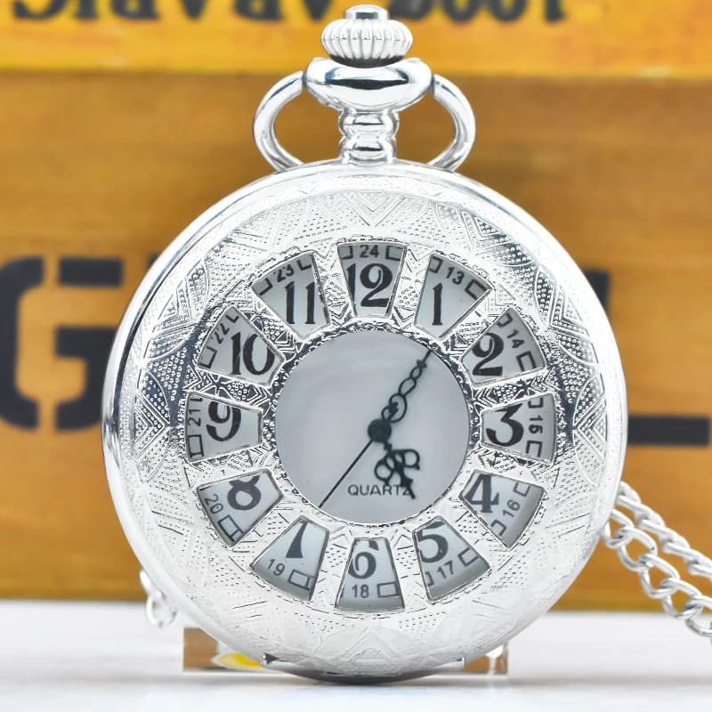Vintage Silver Steampunk cutout carved quartz pocket watch necklace pendant men's chain gift