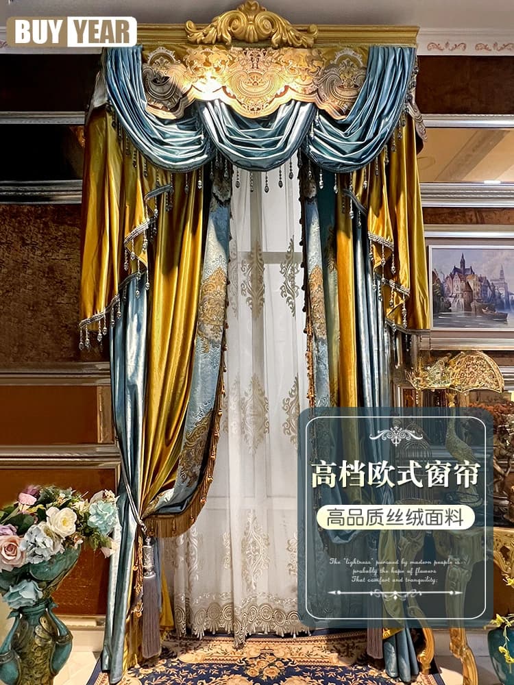 European style Luxury Gold Stitching Blue Embroidered Velvet Villa Tulle Valance Curtains for Living Dining room Bedroom Custom