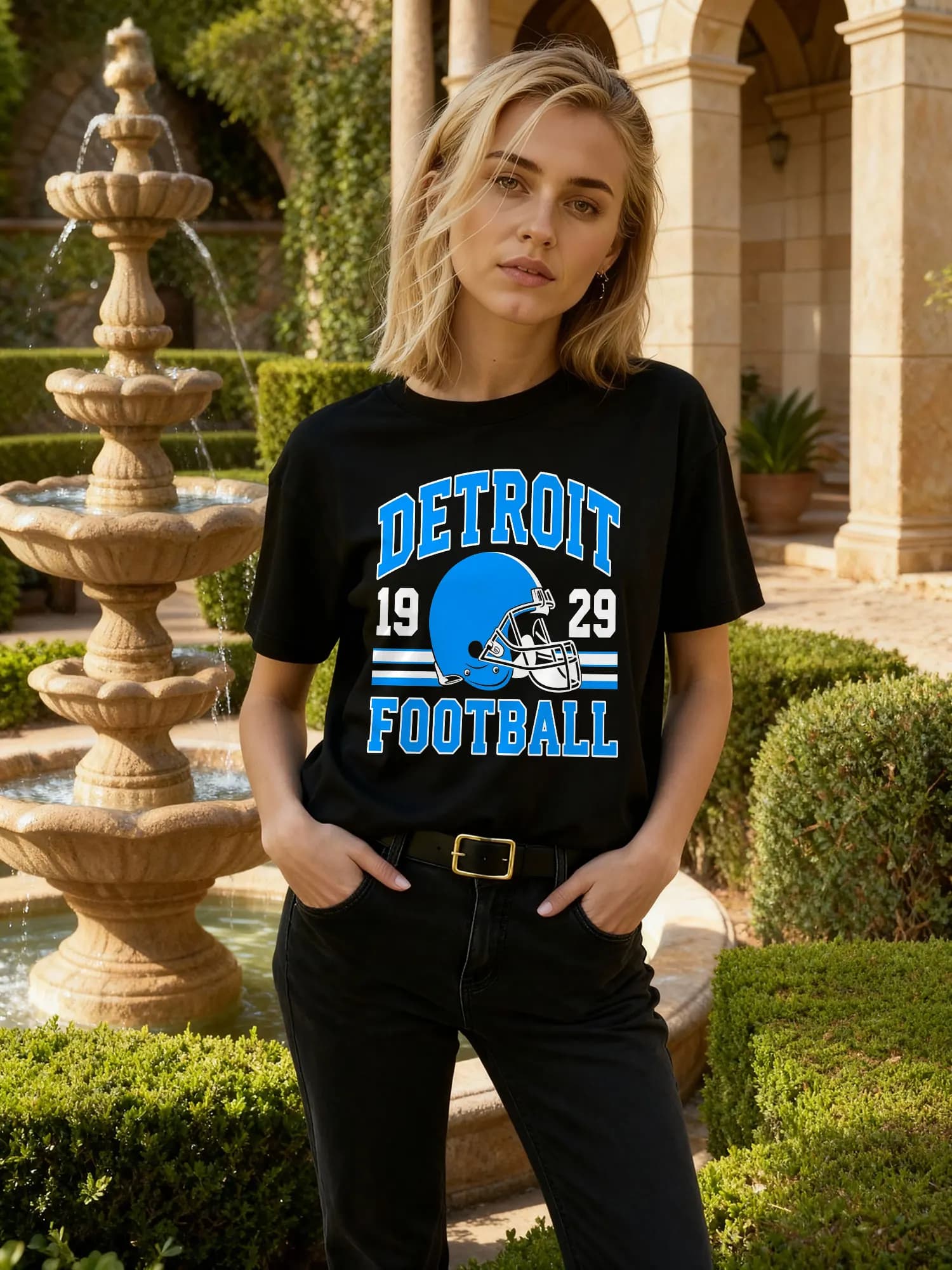 T-Shirt Black Crew with Print Graphics Helmet Football Detroit 1929, Casual Clothing for Women, Open Activity, Sporty Fan Clothing