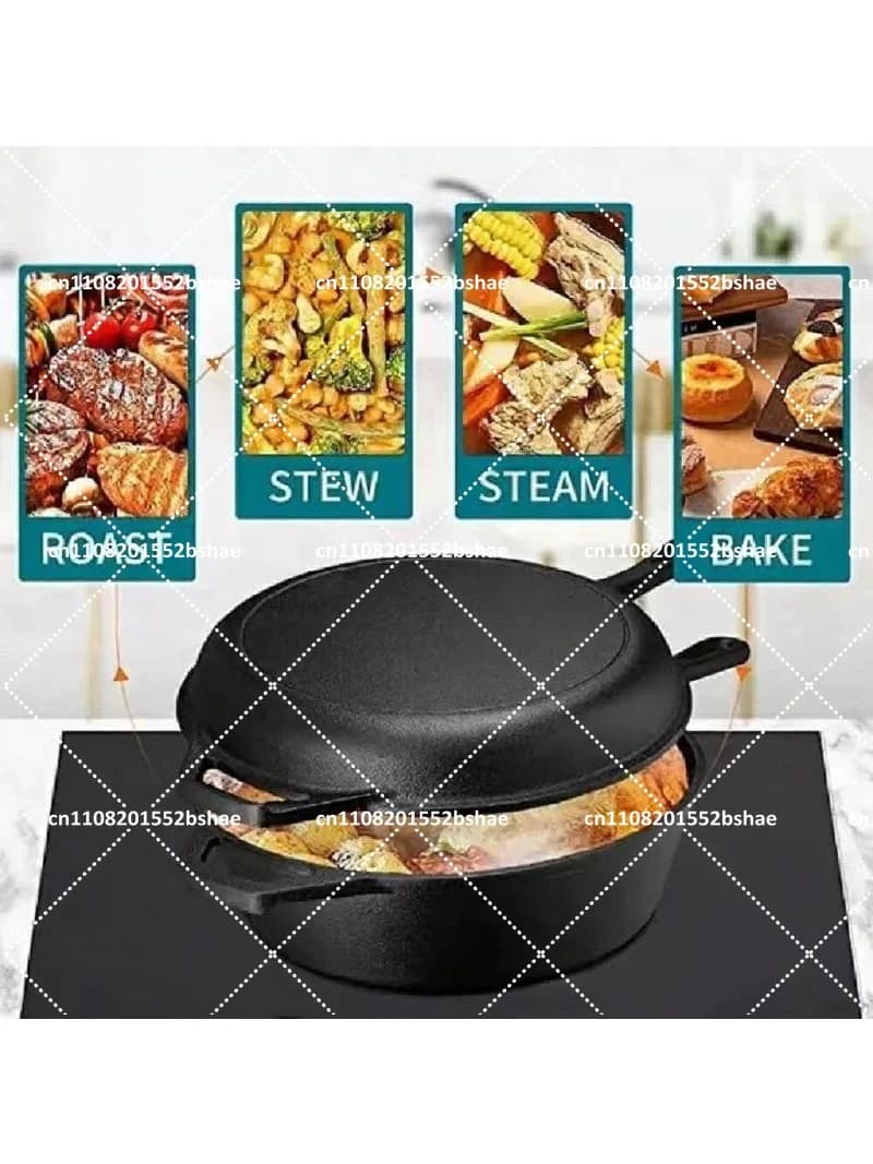 2-in-1 Pre-Seasoned Cast Iron Dutch Oven Pot 10" Deep Pot And Frying Pan For Cooking Baking Bread 3QT Skillet Cookware Set