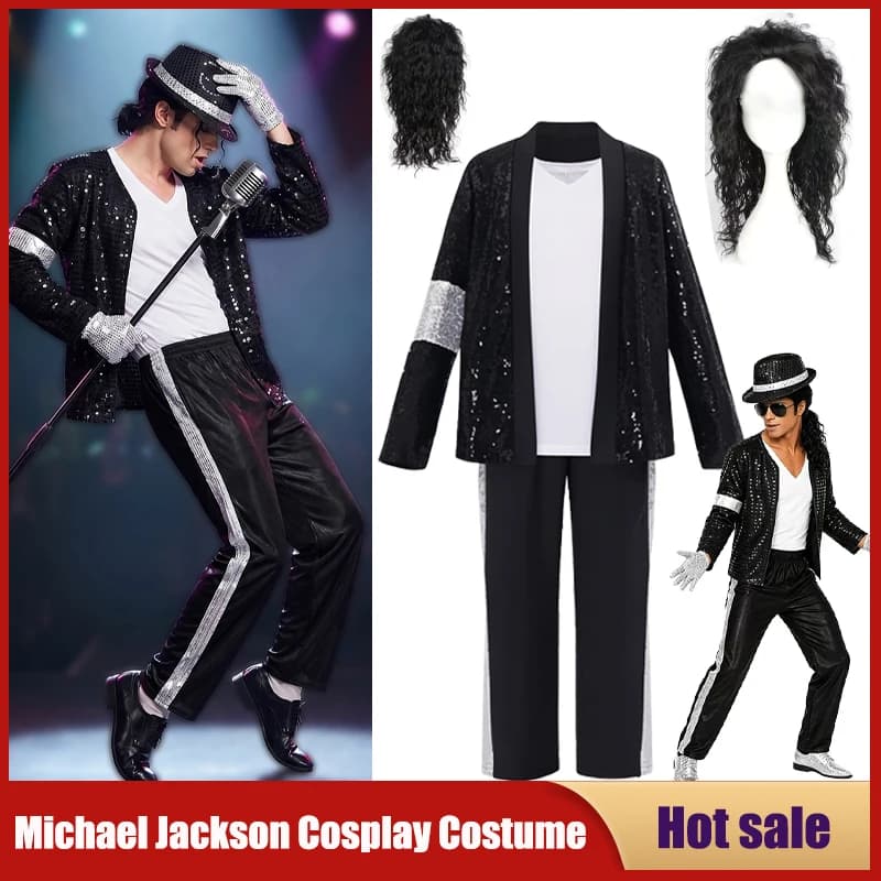 Pop Star Michael Jackson Cosplay Costume Hip Hop Dance Disco Star MJ Glitter Party Halloween Performance Disguise Stage Outfits